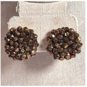 Vintage 1" Knotted Glass Brown Beaded Clip-On Earrings With Filigree Backing